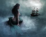 Unknown Artist - Mermaid and pirate ship painting